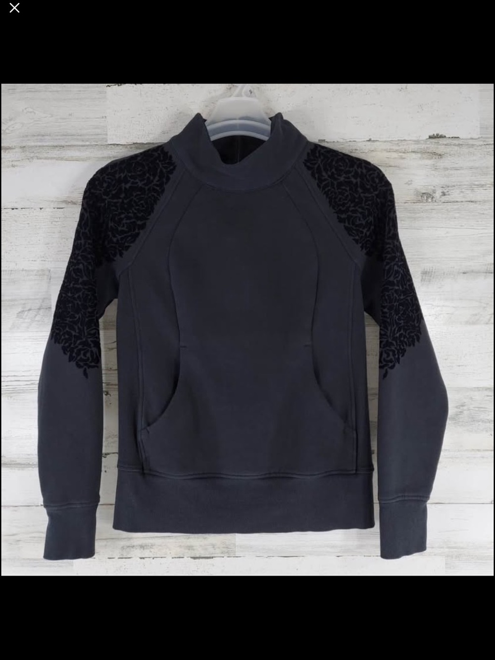 lululemon athletica Black Mock Neck Sweatshirt with Velvet Floral Shoulders